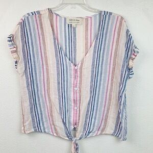 Anthropologie Cloth & Stone beachy stripe linen tie waist cropped shirt EUC
